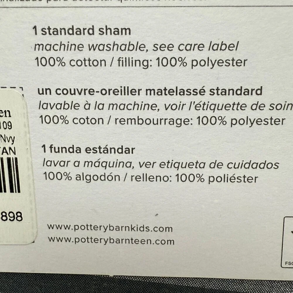 POTTERY BARN Pillow Sham Navy Gray Plaid Cotton Standard Size Xander Pillowcase
